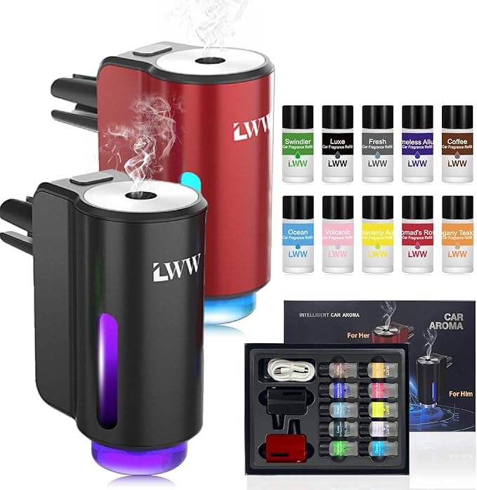 Car Air Freshener Diffuser Portable Intelligent Car Aroma Diffuser with 3 Adjustable Modes Rechargeable Car Aromatherapy MachineTravel Essentials Gifts for Women Men Long-Lasting (10Scents)