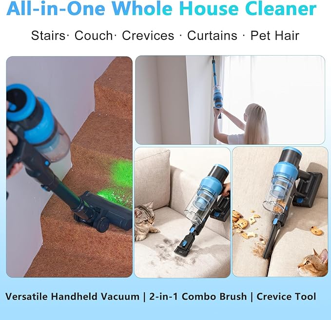 Cordless Stick Vacuum Cleaner: 45kPa Powerful Suction &amp 60Min Runtime Self-Standing with Green Light &amp Anti-Tangle Brush Rechargeable Lightweight Vacuum for Home Pet Hair on Carpets and Hard
