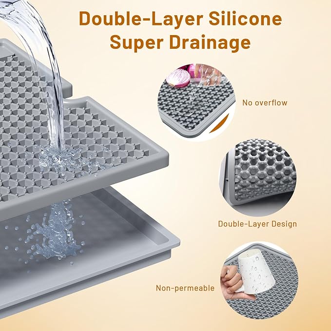 Large 20x15 Dish Drying Mat for kitchen Counter | Super Absorbent Food-Grade Silicone Double-Layer Design Non-Slip &amp Easy to Clean | Drainer Pad for Sink Coffee Machine &amp Drying Rack | G