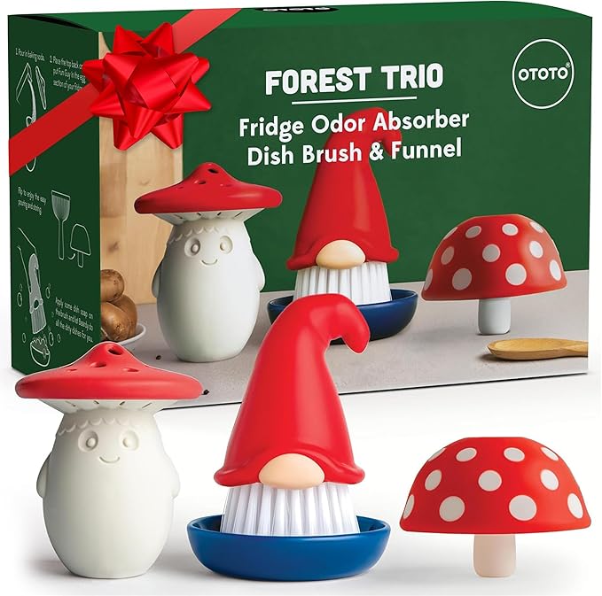 OTOTO Forest Trio Bundle of Beardy Magic Mushroom Fun Guy - Gnomes Dish Brush Fungilicious Kitchen Funnel Fridge Deodorizer Mushroom Decor Cute Kitchen Accessories Unique Mushroom Gnome Gifts