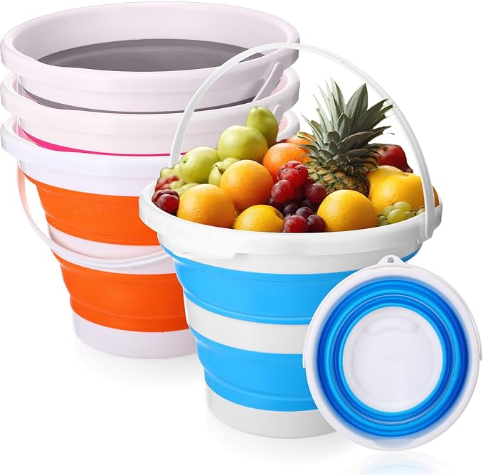 Pickmesh 4 Pcs Collapsible Bucket 2.6 Gallon (10l) Foldable Collapsible Sand Bucket with Handle Small Cleaning Pail for Household Outdoor Car Washing Camping Beach Sand (Blue Pink Orange Gray)