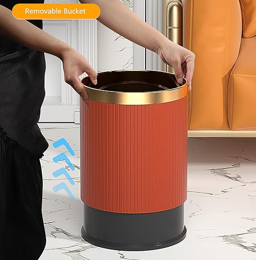 Luxury Metal Waste Bin 10L Open Top Double Layer Trash Can Floor Standing with Faux Leather Covered - Waste basket Dust Bins for Kitchen Bathroom Hotel Office (Rose Gold)