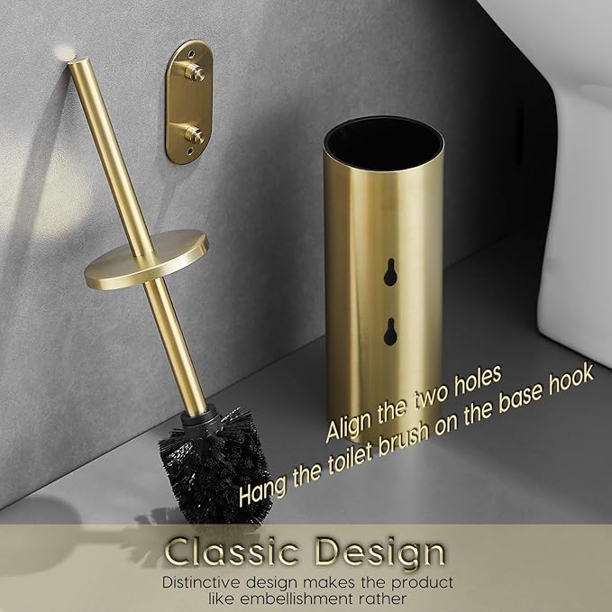 Gold Brushed Stainless Steel Toilet Brush and Cover No-Punch Hook Base Dual Purpose Toilet Brush Holder with Removable Inner Bucket and Splash Cover - Soft Bristles (Brushed Gold)