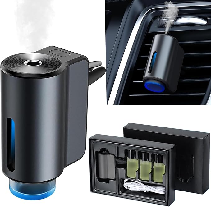 Smart Car Air Freshener DiffuserCar Diffuser With Three AdjustableRechargeable Car Diffusers with Essential Oils(Diffuser+3pcs Oils) Grey&ampBlack