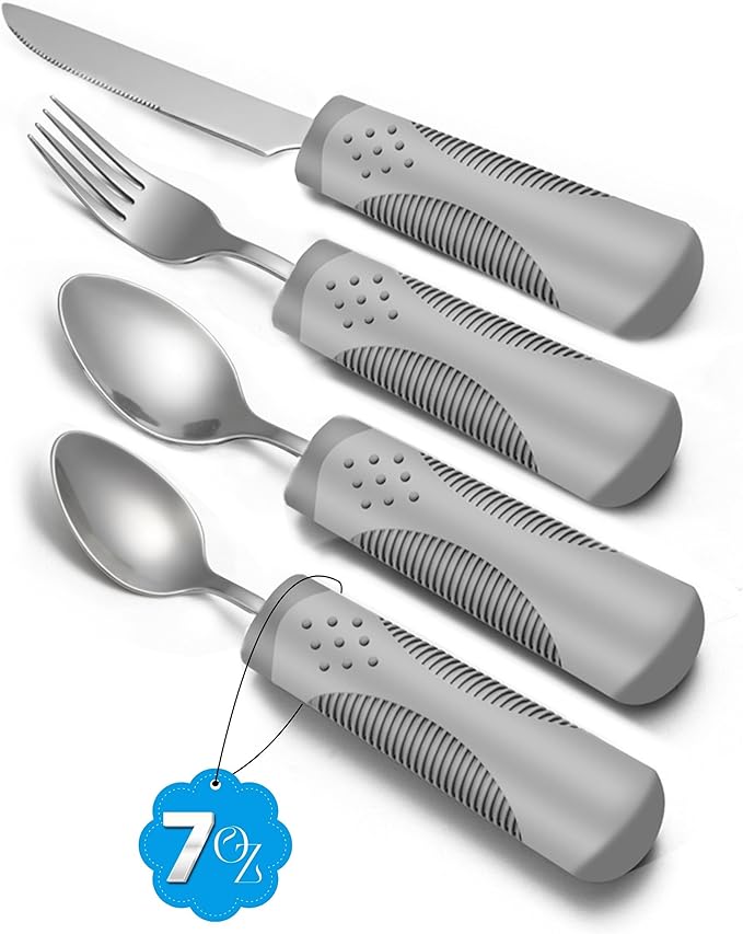 Adaptive Utensils (4-Piece Set) Weighted 7 Oz Each- Weighted Utensils for Hand Tremors and Parkinson's Patients - Weighted Silverware for Hand Tremors Weighted Spoons
