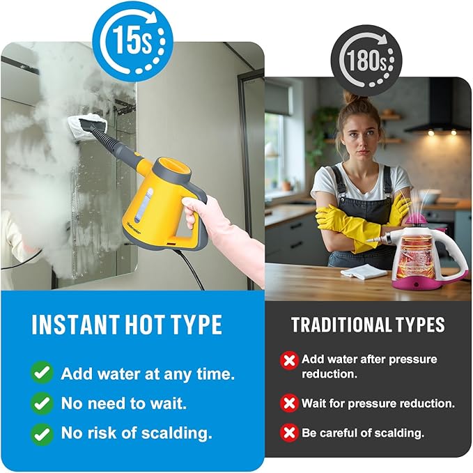Bielmeier Handheld Pressurized Steam Cleaner - 15s Quick Start Multi-Functional for Home Kitchen Bathroom 8 Attachments Chemical-Free Safe &amp Efficient Cleaning Solution Yellow &amp Grey