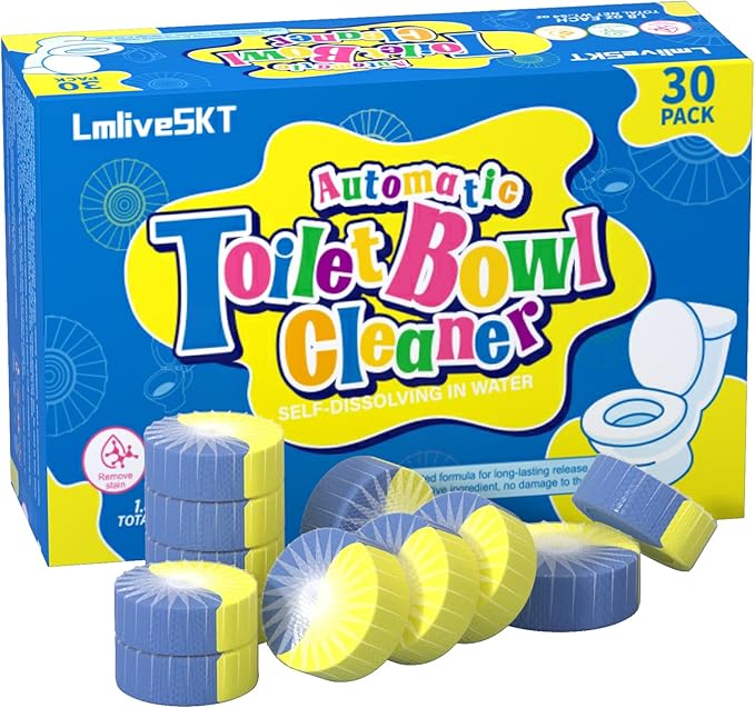 Automatic Toilet Bowl Cleaner Tablets 30-Pack Long-Lasting Toilet Tank Cleaner for Bathroom Blue Water Freshener Prevents Stains &amp Odor Safe for All Toilets (30 Blue and yellow)