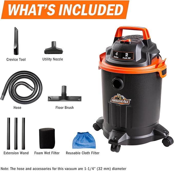 Armor All VO405P 0901 4 Gallon Wet/Dry Vac 2.0 Peak HP Shop Vacuum with Nozzles &amp BrushBlack/Orange