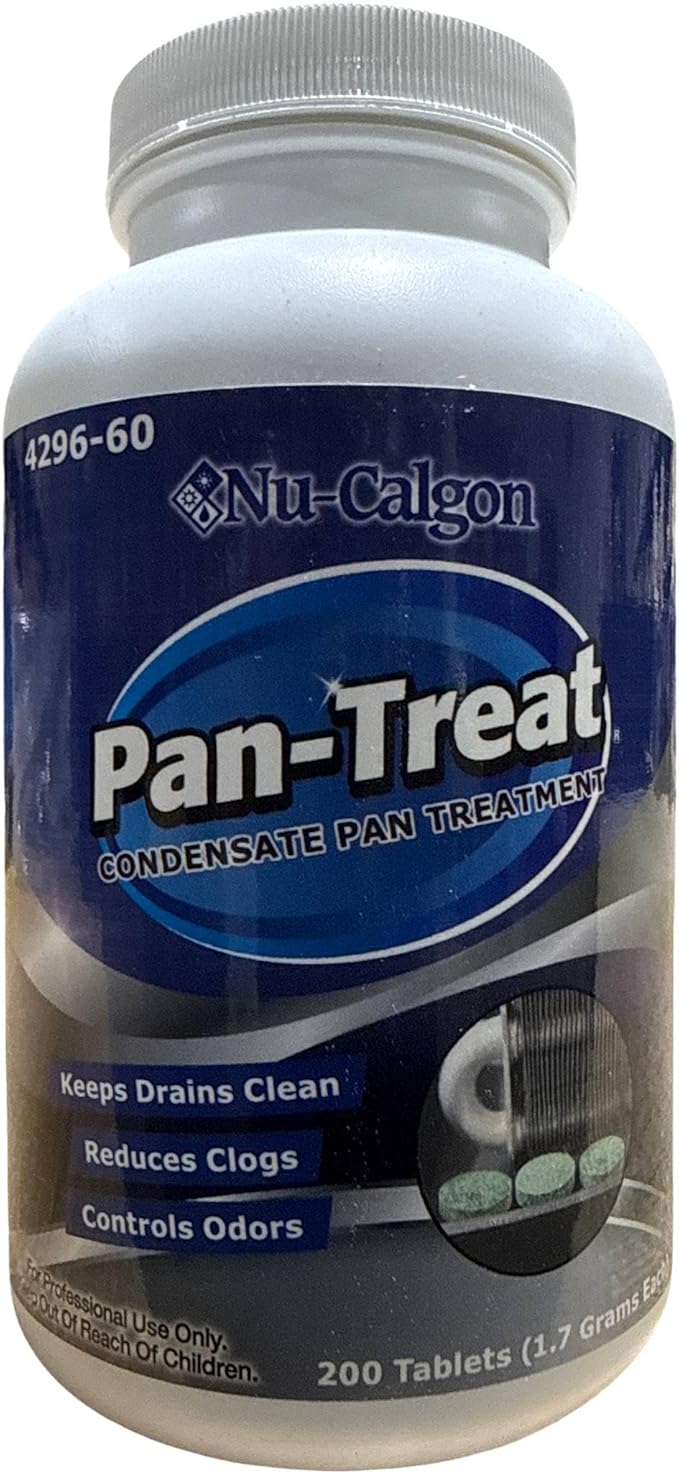 Nu-Calgon Upgraded 4296-60 Pan-Treat Condensate Drain Tablets (200 Tablets per Bottle) – Controls Odors &amp Prevents AC Drain Line Clogs Non-Toxic – Full Case 12 Cans [2400 tablets total]