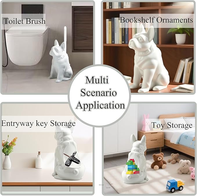 2026 Ceramic Dog Toilet Brush Holder Set French Bulldog Design with 2PCS Durable Plastic Brush Modern Bathroom Accessories (White)