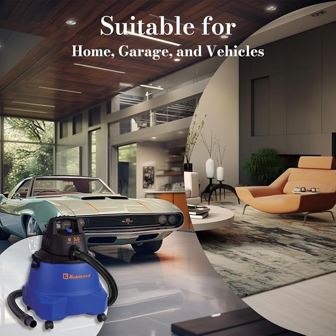 Koblenz Wet Dry Vacuum Cleaner 9.0 Gallon Tank 5.0 HP Powerful Vacuum for Dry and Wet Messes Vacuum Cleaner and Blower Accessories Included Black+Blue (WD-9 L212)