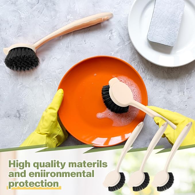 16 Pack Dish Brush with Handle Dish Scrubber Brush with Built-in Scraper Kitchen Scrub with Stiff Bristles Long Scrubber for Home Restaurant Pot Sink Washing Cleaning Supplies Beige
