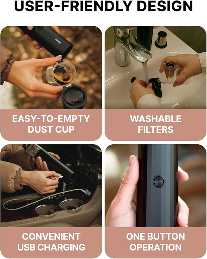 Owleys Portable Handheld Car Vacuum Cleaner with HEPA &amp Stainless Steel Filter 6000–16000PA Suction 85000 RPM Motor 40-Min Battery Life Cordless Mini Vacuum for Car Home and Office