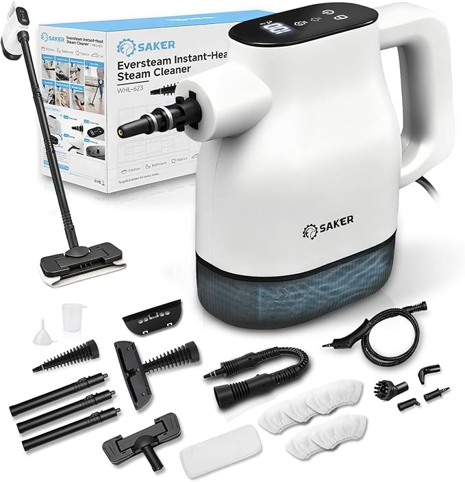 Saker EverSteam Instant-Heat Steam Cleaner for Home15s Heat-up Handheld Steam Cleaner with Mop Attachment&ampFiber ClothsPortable Continuous Refill Steamer for Cleaning of Floor Car and Kitchen