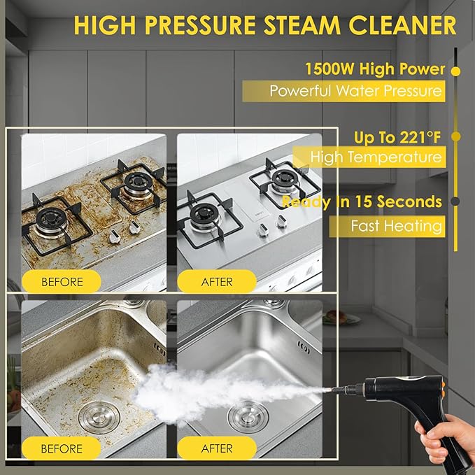 Handheld Steam Cleaner for Home Adjustable Handle Pressurized Portable Steamer for Cleaning 1.7L Steam Cleaners for Car Auto Detailing Furniture Couch Tile Grout Upholstery