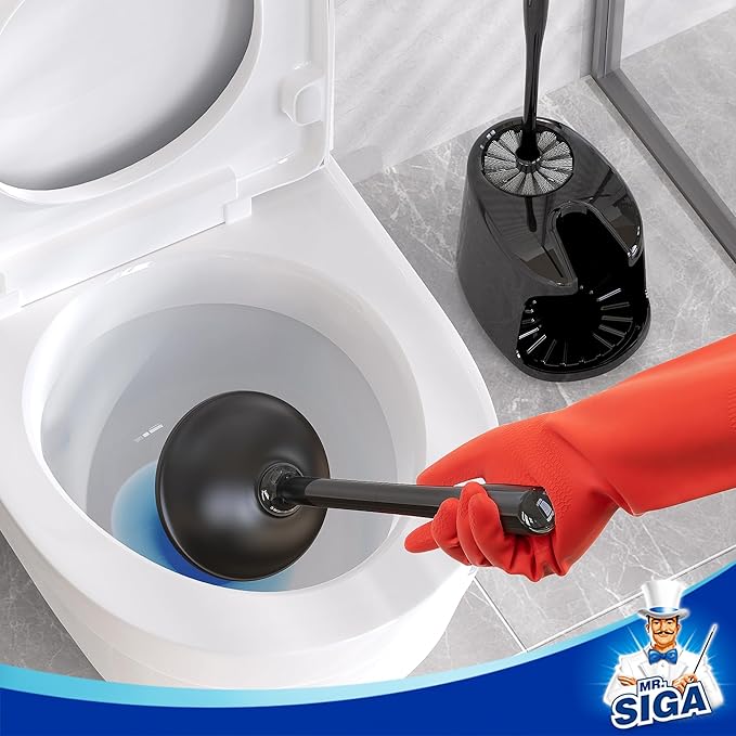 MR.SIGA Toilet Plunger and Bowl Brush with Holder Heavy Duty Toilet Brush and Plunger Set for Bathroom Cleaning Black 1 Set