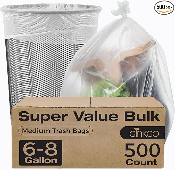 6-8 Gallon Medium Trash Bags 500 Count Super Value Bulk Kitchen Garbage Bags Unscented Clear Wastebasket Bin Liners