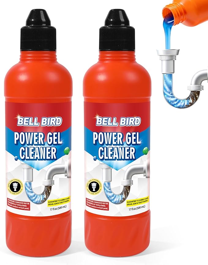 Bell Bird Drain Clog Remover &amp Pipe Cleaner - Thick Power Gel Dissolves Hair Grease and Soap Scum - Septic Safe Odor Eliminator for Kitchen Sinks Tubs Showers &amp Toilets (Pack of 2)