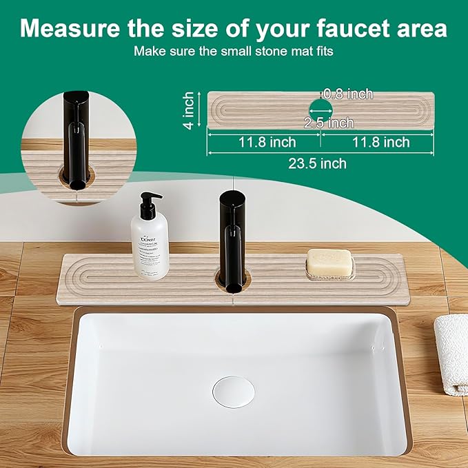 Stone Drying Mat for Kitchen Counter 24x16 Water Absorbing Dish Drying Mat with 24x4 Faucet Mat for Kitchen Sink Diatomaceous Earth Quick Dry Stone Mats for Dishes Bottles Cups (Wood Grain)