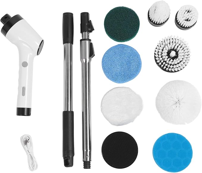 Electric Tub Scrubber with Long Handle Cordless 25W 8 - in - 1 Cleaning Brush for Bathroom Tile and Hardwood Floor - Powerful Rechargeable Battery Versatile Home Cleaner (Black)