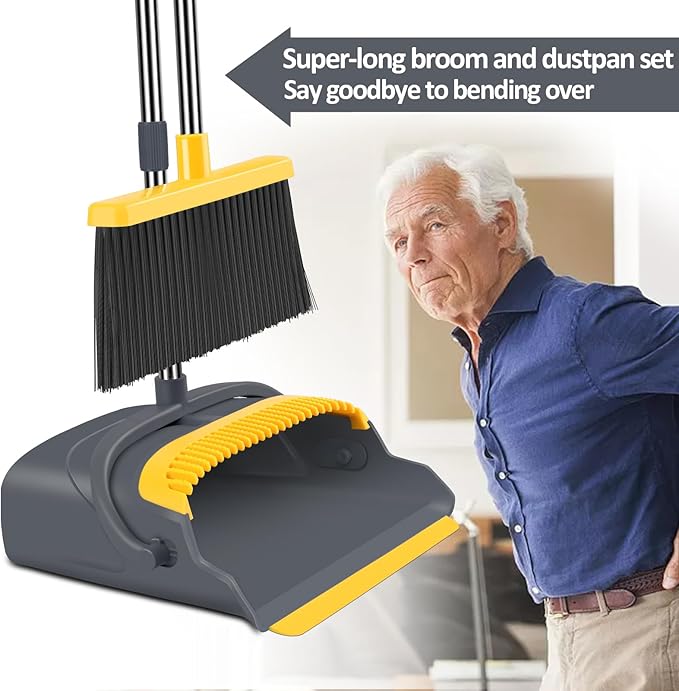 kelamayi Upgrade Broom and Dustpan Set Broom with Dustpan Combo Set Self-Cleaning with Dustpan Teeth Indoor&ampOutdoor Sweeping Stand Up Broom and Dustpan (Gray&ampYellow)