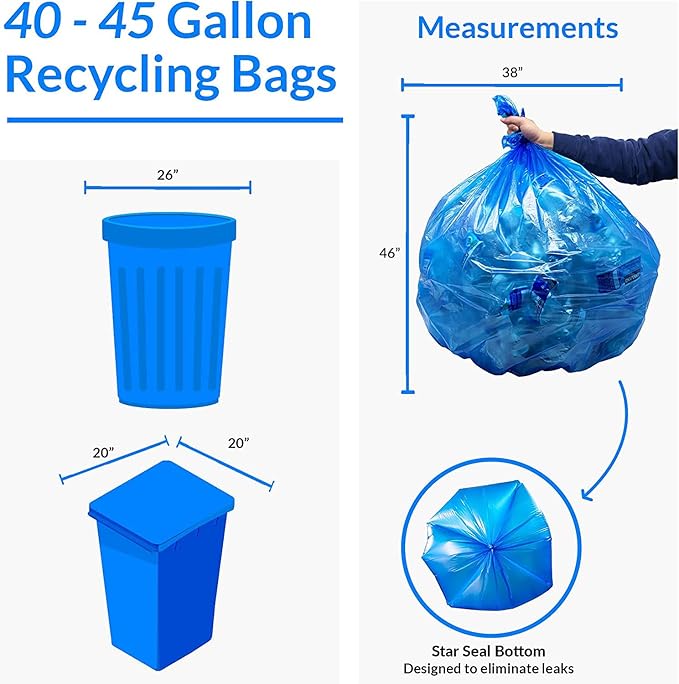 Reli. SuperValue 40-45 Gallon Recycling Bags | 100 Count | Blue Trash Bags
