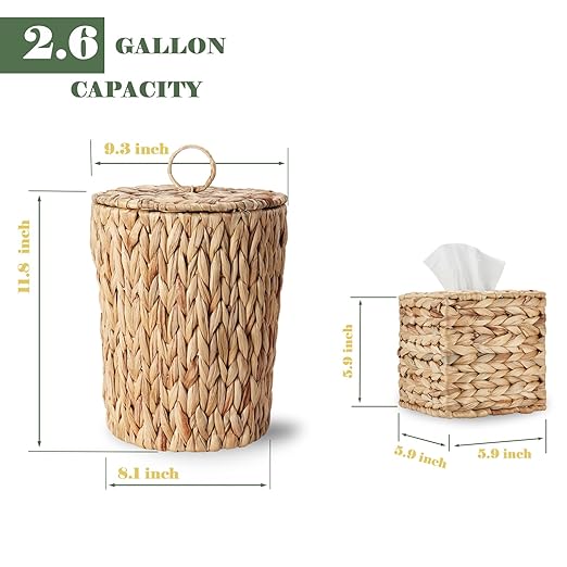 2.6 Gallon Wicker Trash Can with Lid and Square Wicker Tissue Box Cover Boho Decorative Handwoven Water Hyacinth Rattan Bedroom Bathroom Living Room Accessories Decor (Natural)