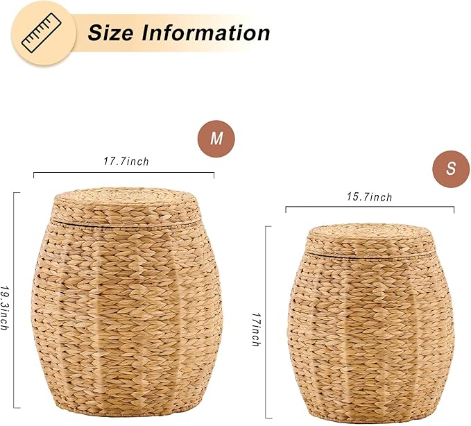 Round Wicker Basket with Lid Handwoven Water Hyacinth Storage Basket Blanket Organizer Basket for Laundry Bathroom Bedroom Living Room Office