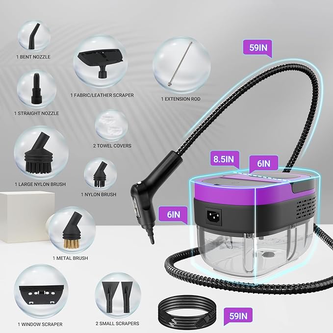 Steam Cleaner - 3-Level Adjustable Handle 15s Heat-Up - Steamer for Cleaning with 10pcs Accessories - Portable Steam Cleaner for Home for Car Dirt Grease Grout Tile Floor Couch Furniture-Purple