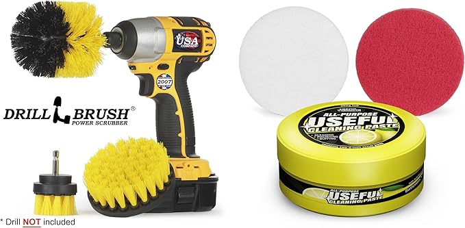Drillbrush Home Cleaning Essentials Set - Tub and Shower Door Cleaner - Countertop - Shower Grout Cleaner - House Cleaning Products - Cleaner Paste - Tile and Grout - Bathtub Brush