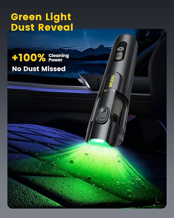 Mr.ego Car Vacuum Portable Cordless 20000Pa Mini Vacuum Cleaner &amp Air Duster 100000 RPM Brushless Motor Handheld Vacuum with LED Light and Multi-Nozzles for Car Home Office Pet (Black)