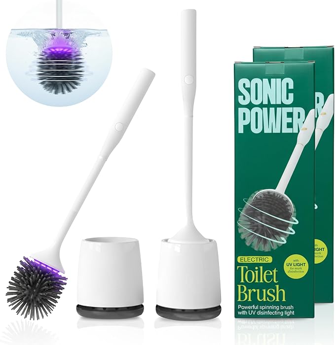 Electric Toilet Brush &amp Scrubber – Self Cleaning Silicone Toilet Bowl Brush with UVC Light Rechargeable Wireless Spinning Toilet Brush &amp Holder Set Wall Mount or Floor Standing (2 Pack)