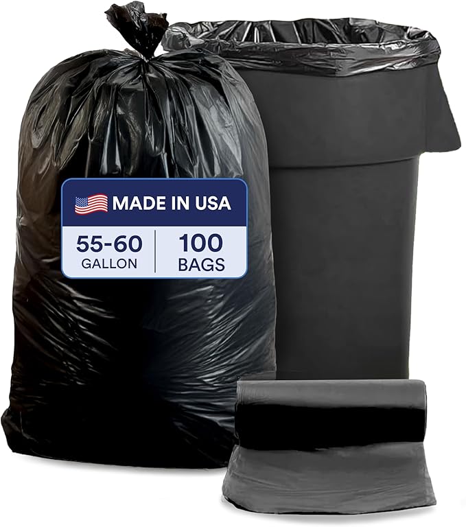 Plasticplace 55-60 Gallon Trash Bags Heavy Duty Black Garbage Bags 100 Count for Lawn Yard and Outdoor Waste Disposal Ideal for Industrial Trash Cans Contractors and Home Improvement Projects