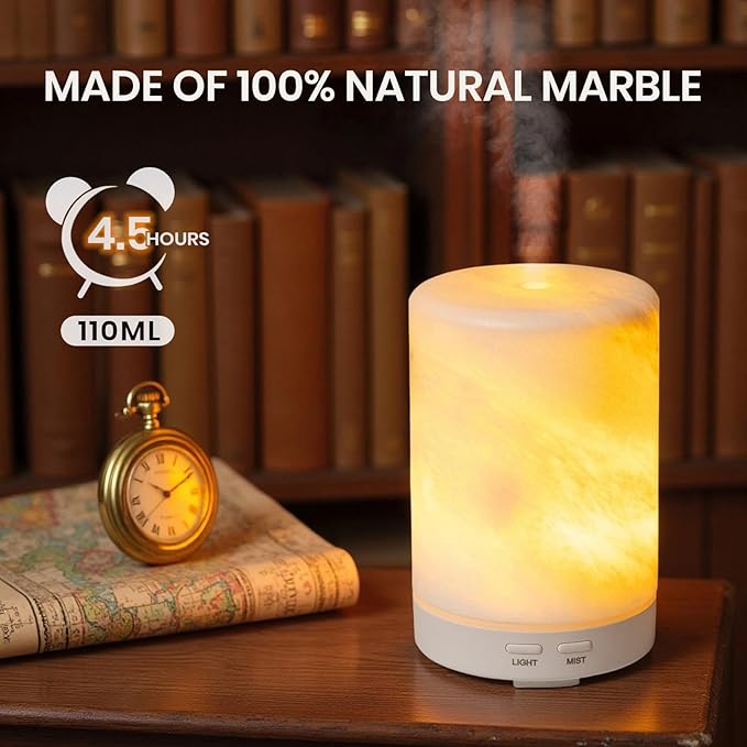 Koville White Marble Essential Oil Diffuser - Ultrasonic Aromatherapy &amp Humidifier with 2-Color LED Lights 110ML Decorative Marble Aromatherapy Diffuser Auto Shut-Off Scent for Home Office Yo