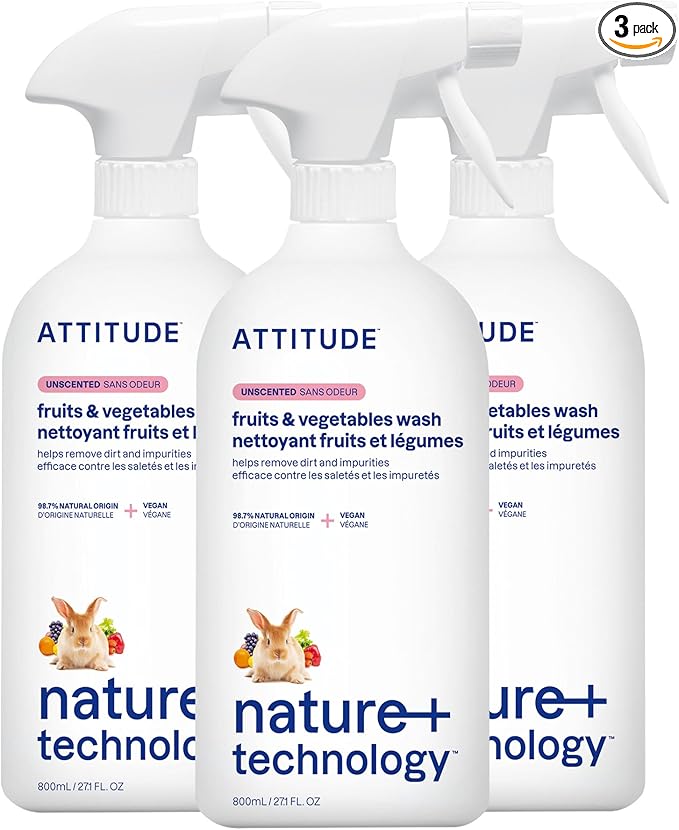 ATTITUDE Fruit &amp Vegetable Wash Unscented Food-Safe Produce Wash to Remove Dirt Wax &amp Residue Vegan Plant-Based Produce Cleaner 27.1 Fl Oz (Pack of 3)