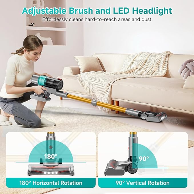 Cordless Vacuum Cleaner: Portable 6-in-1 Stick Vacuum with Anti-Tangle Brush LED Headlight Self-Standing HD Display Rechargeable Vacuum for Pet Hair Low-Pile Carpet and Hardwood Floor-Green