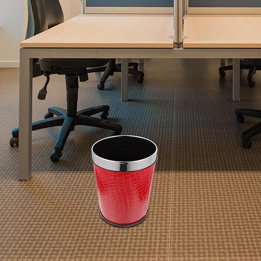 Pu Leather Trash Bin Office Trash Can Lidless Garbage Bin Toilet Paper Basket Sundries Container Recycling Bucket for Kitchen Office Bedroom 5l Red