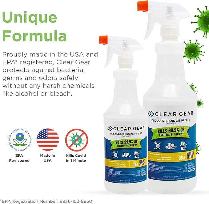Clear Gear Gym Disinfectant Yoga Mat Cleaner Deodorizer For Sports Equipment Gyms and Fitness Centers - Mixed Pack - 16 Oz and 32 Oz Bottle Hospital grade Disinfectant Spray Pack