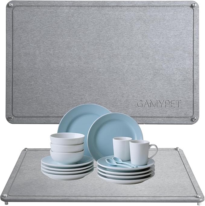 Stone Dish Drying Mat 24×16 Large Diatomaceous Earth Dishes Quick Dry Pad for Kitchen Counter with Heighten Stainless Steel Feet Fits Various Countertops &amp Drain Bowl Racks Dark Gray
