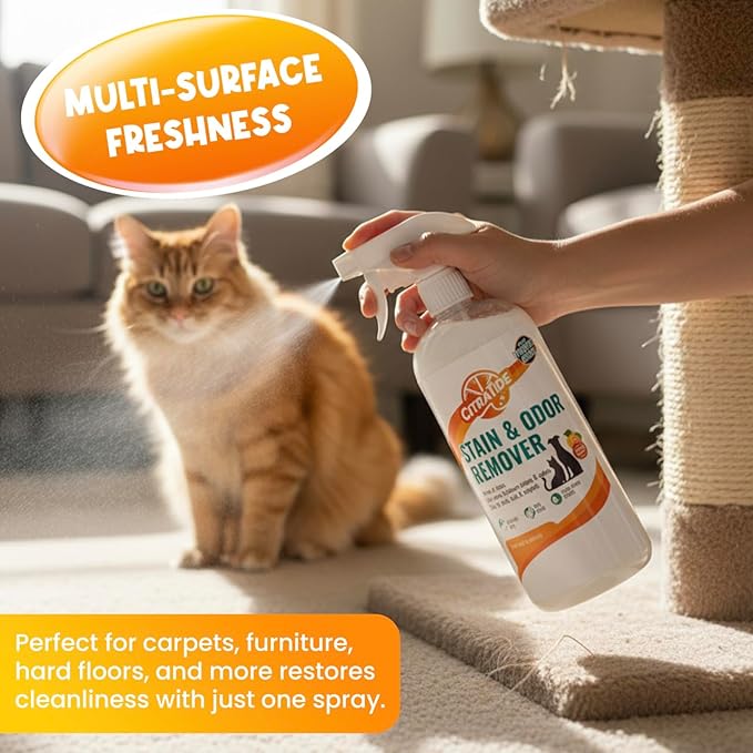 Stain &amp Odor Remover Concentrate (16 fl oz) – Citrus Powered Enzymatic Cleaner – Plant-Based Pet Safe Formula for Carpets Upholstery Hard Floors &amp More – USA Made Eco-Friendly Non-Toxic