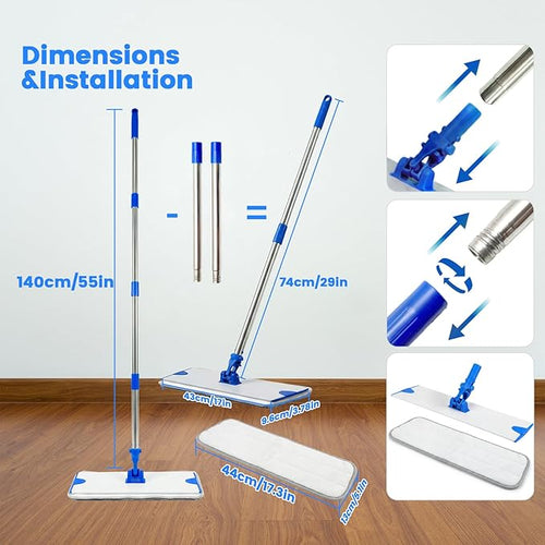 18 Professional Microfiber Mop Flat Mop with Aluminum Alloy Base&ampStainless Steel Handle for Floor Cleaning Wet Dry Dust Floor Mops for Hardwood Tile Laminate