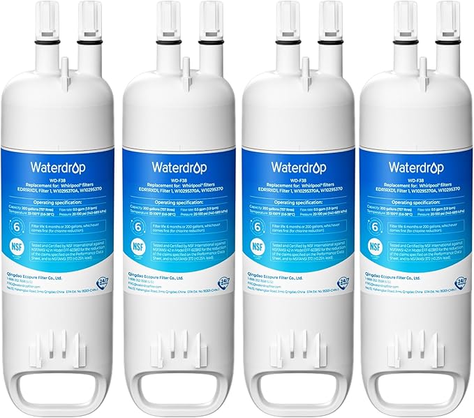 Waterdrop EDR1RXD1 Replacement for Filter 1 W10295370A EDR1RXD1B P8RFWB2L P4RFWB WD-F38 46-9081 46-9930 Refrigerator Water Filter 4 Pack