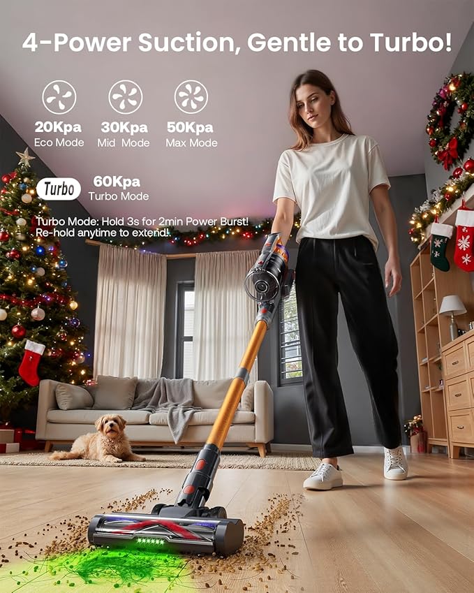 Cordless Vacuum Cleaner for Home Upgraded 60Kpa Powerful Suction Pet Hair Vacuum with 70min Runtime Green LED Light for Hardwood Floors &amp Carpet Self-Standing Rechargeable Stick Vacuum Golden