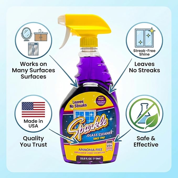 Sparkle Glass Cleaner 1 Spray Bottle 33.8 And 1 Refill 33.8 Ammonia-Free Original Formula Heavy Duty Glass Cleaner Leaves No Streaks (67.6 Fl OzPack of 6)