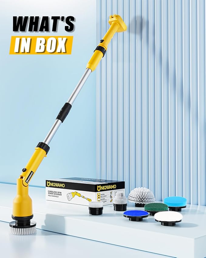 Electric Spin Scrubber Compatible for DeWalt 20V Battery(Battery NOT Included) 1000 RPM Battery Powered Scrubber with Adjustable Extension Arm &amp 8 Brushes &amp Hook Gloves for Tub/Tile/Floor