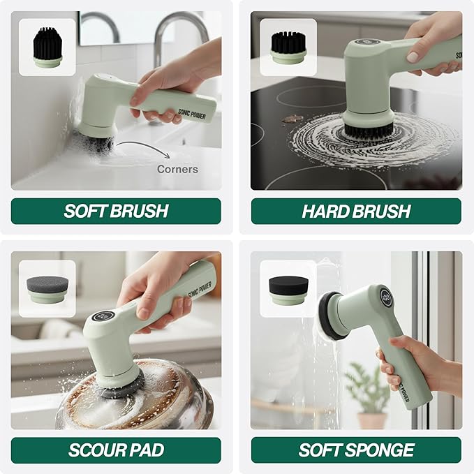 Electric Spin Scrubber – Handheld &amp Ergonomic IPX7 Waterproof 4 Multi-Purpose Brush Heads Long-Lasting Rechargeable Battery – Cleans Dishes Bathroom Tile Grout &amp Kitchen (Sage)