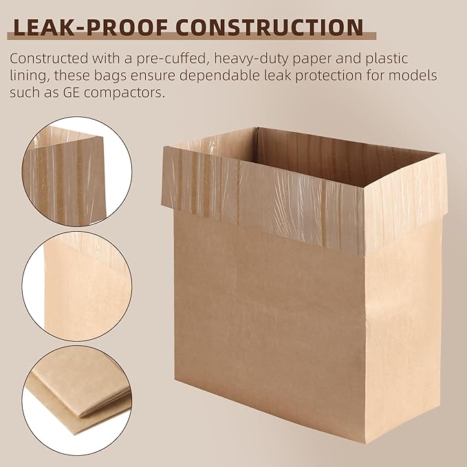 (20-Pack) Calvana Super Strong Compactor Bags Heavy-Duty Kitchen Paper Trash Bags with Leak Proof Plastic Liner Reinforced Bottom Fits GE Model Compactors with Rectangular Containers