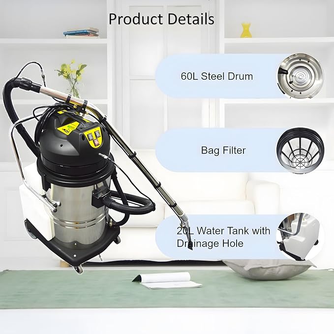 Carpet Extractor Machine 60L 3 in 1 Stainless Steel Hotel Carpet Cleaning Machine 110V 2000W for Corridor Conference Hall and Restaurant