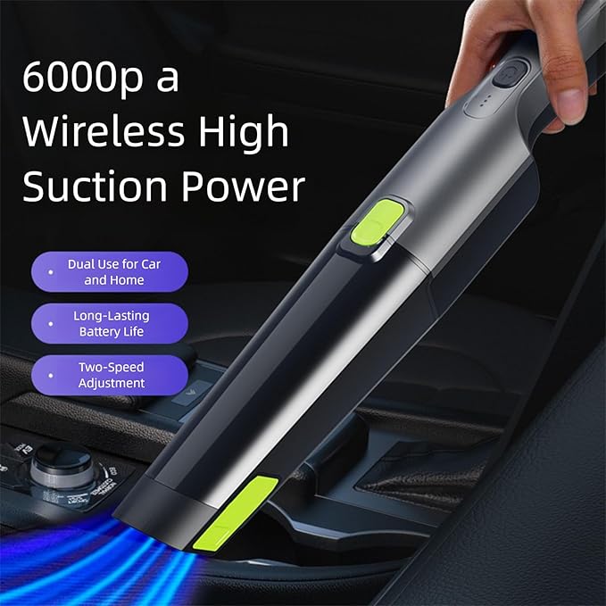 Handheld Vacuum Cleaner Cordless 6000Pa Suction with LED Light Dual Speed Rechargeable Mini Vacuum for Home Car &amp Pet Hair Low Noise 44–55dB Type-C Fast Charging Lightweight 430g