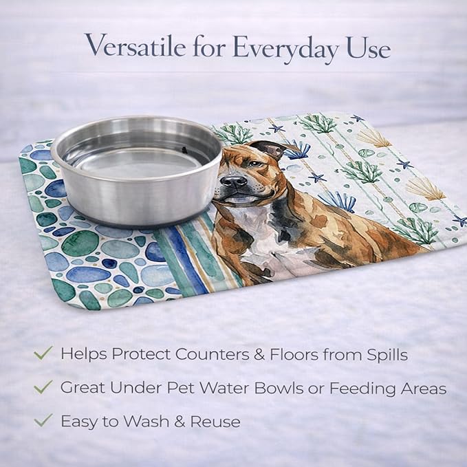 Caroline's Treasures Brindle Staffordshire Bull Terrier Coastal Sea Glass Dish Drying Mat Absorbent Dish Drying Mat Pad for Kitchen Counter Dish Drainer Mat for Countertop 14 x 21 Multicolor